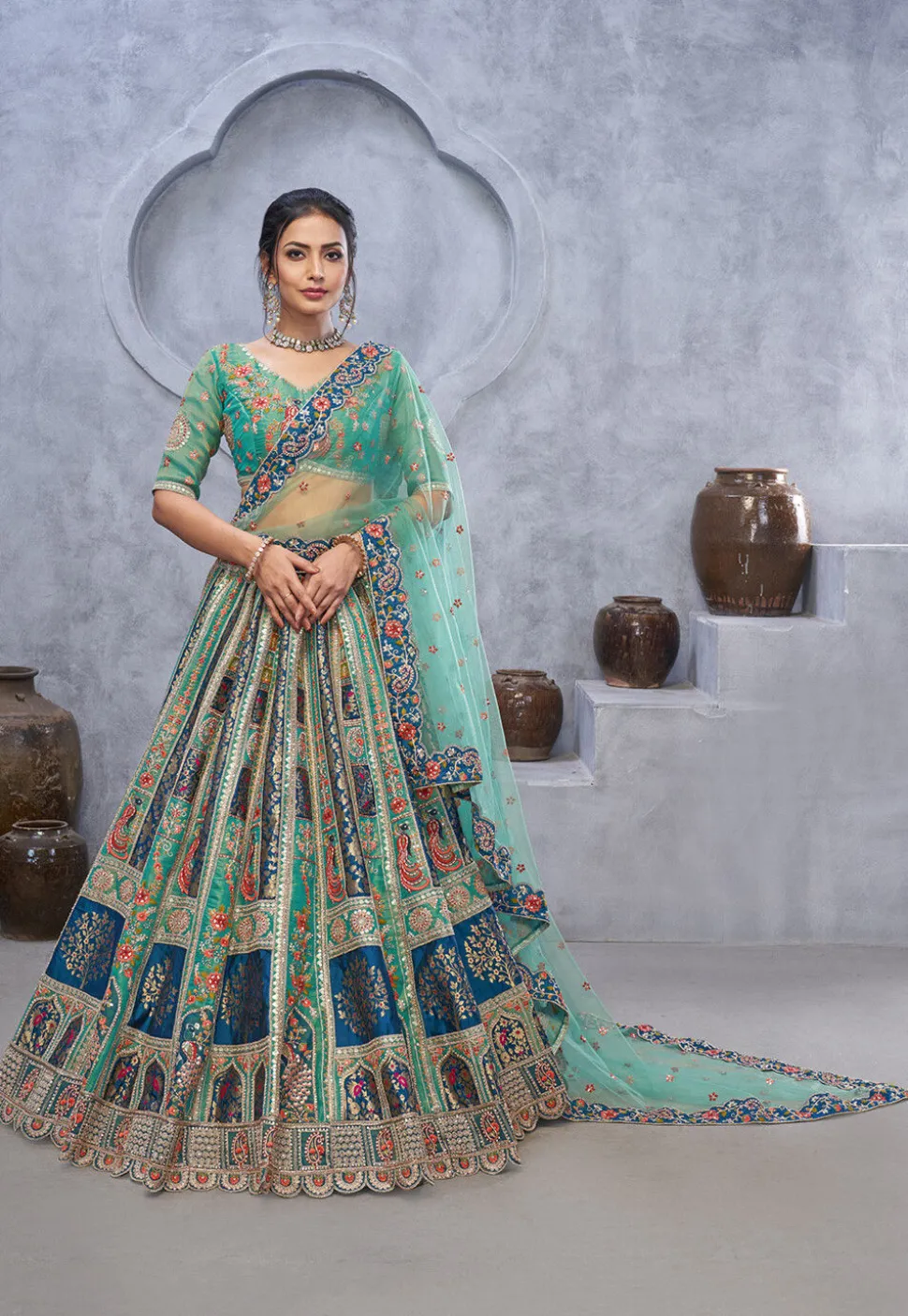 Embroidered Banarasi Silk Lehenga in Teal Green and Blue