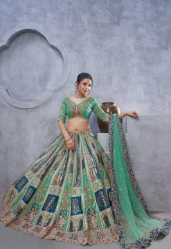 Embroidered Banarasi Silk Lehenga in Teal Green and Blue