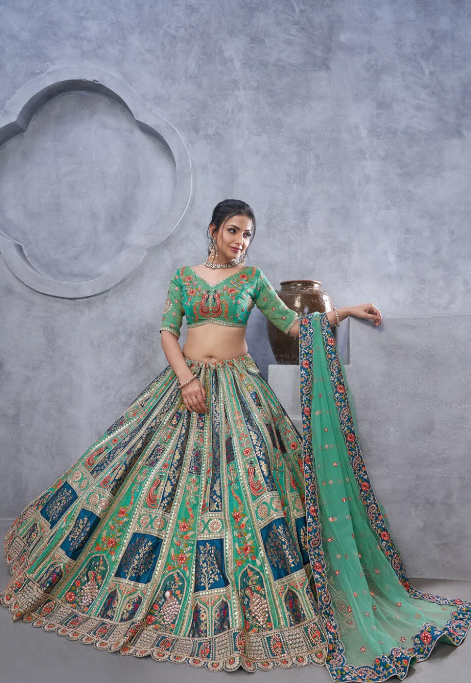 Embroidered Banarasi Silk Lehenga in Teal Green and Blue