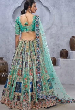 Embroidered Banarasi Silk Lehenga in Teal Green and Blue