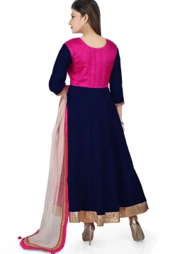 Embroidered Banarasi Silk Anarkali Suit in Navy Blue and Fuchsia