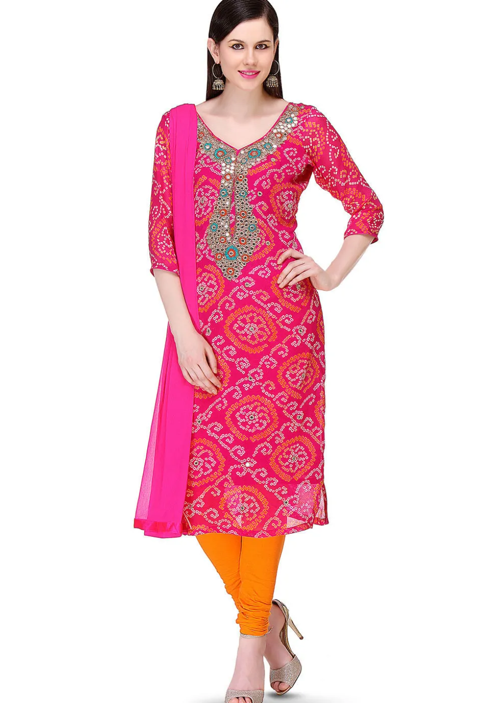 Embroidered Bandhej Pure Chinon Crepe Straight Cut Suit in Fuchsia