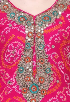 Embroidered Bandhej Pure Chinon Crepe Straight Cut Suit in Fuchsia