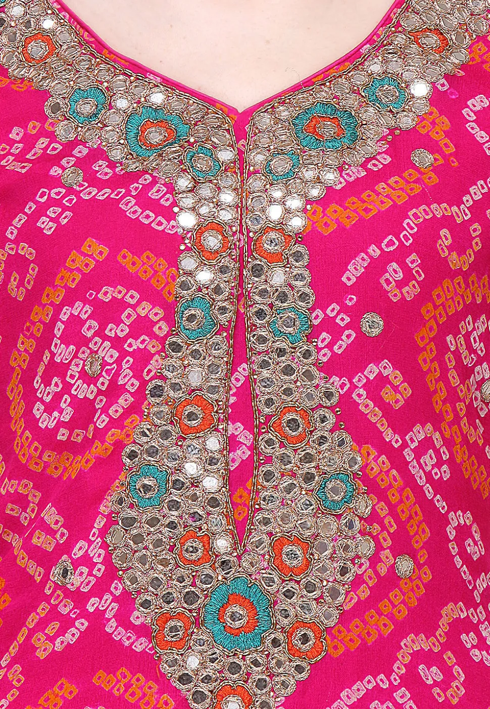 Embroidered Bandhej Pure Chinon Crepe Straight Cut Suit in Fuchsia