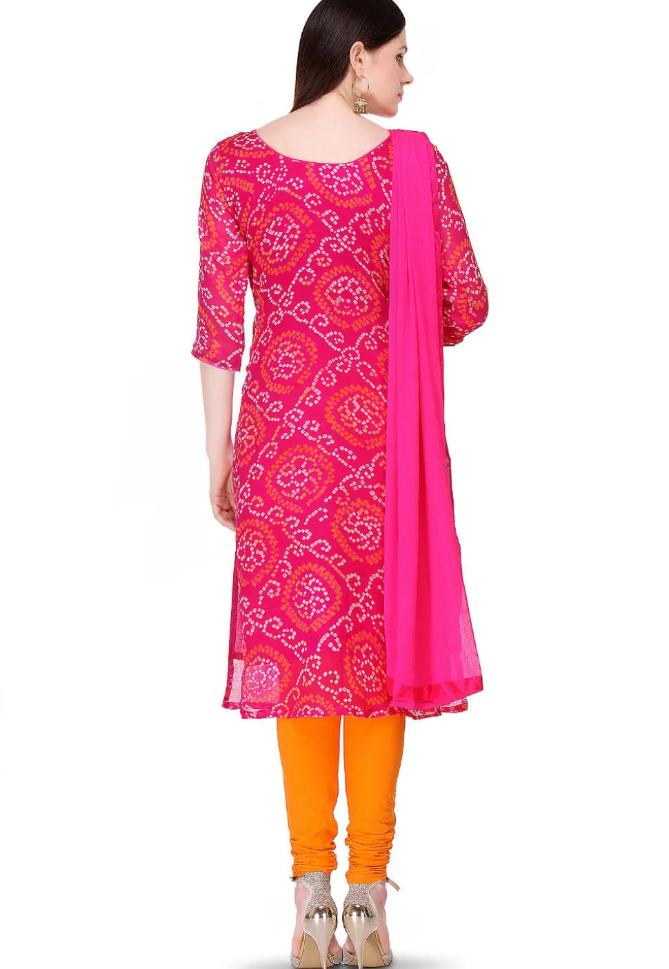 Embroidered Bandhej Pure Chinon Crepe Straight Cut Suit in Fuchsia