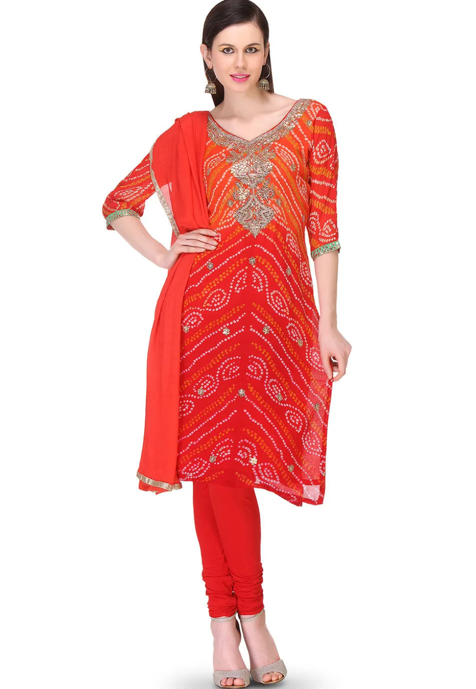 Embroidered Bandhej Pure Chinon Crepe Straight Cut Suit in Red