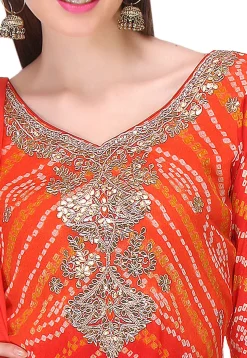Embroidered Bandhej Pure Chinon Crepe Straight Cut Suit in Red