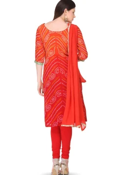 Embroidered Bandhej Pure Chinon Crepe Straight Cut Suit in Red