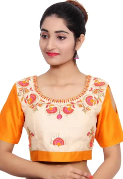 Embroidered Bhagalpuri Silk Padded Blouse in Off White and Mustard