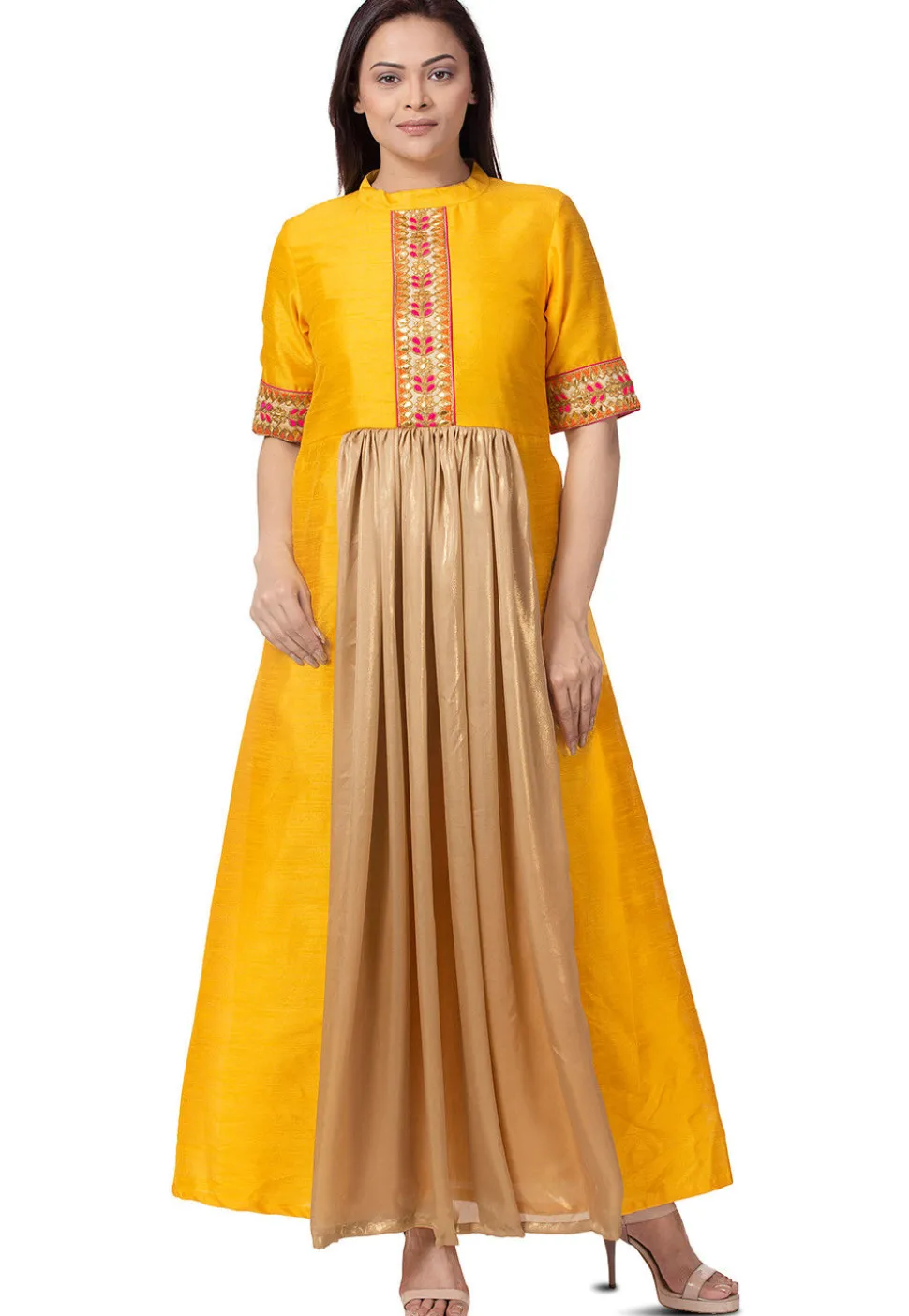 Embroidered Bhagalpuri Silk A Line Kurta in Mustard and Beige