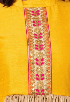 Embroidered Bhagalpuri Silk A Line Kurta in Mustard and Beige