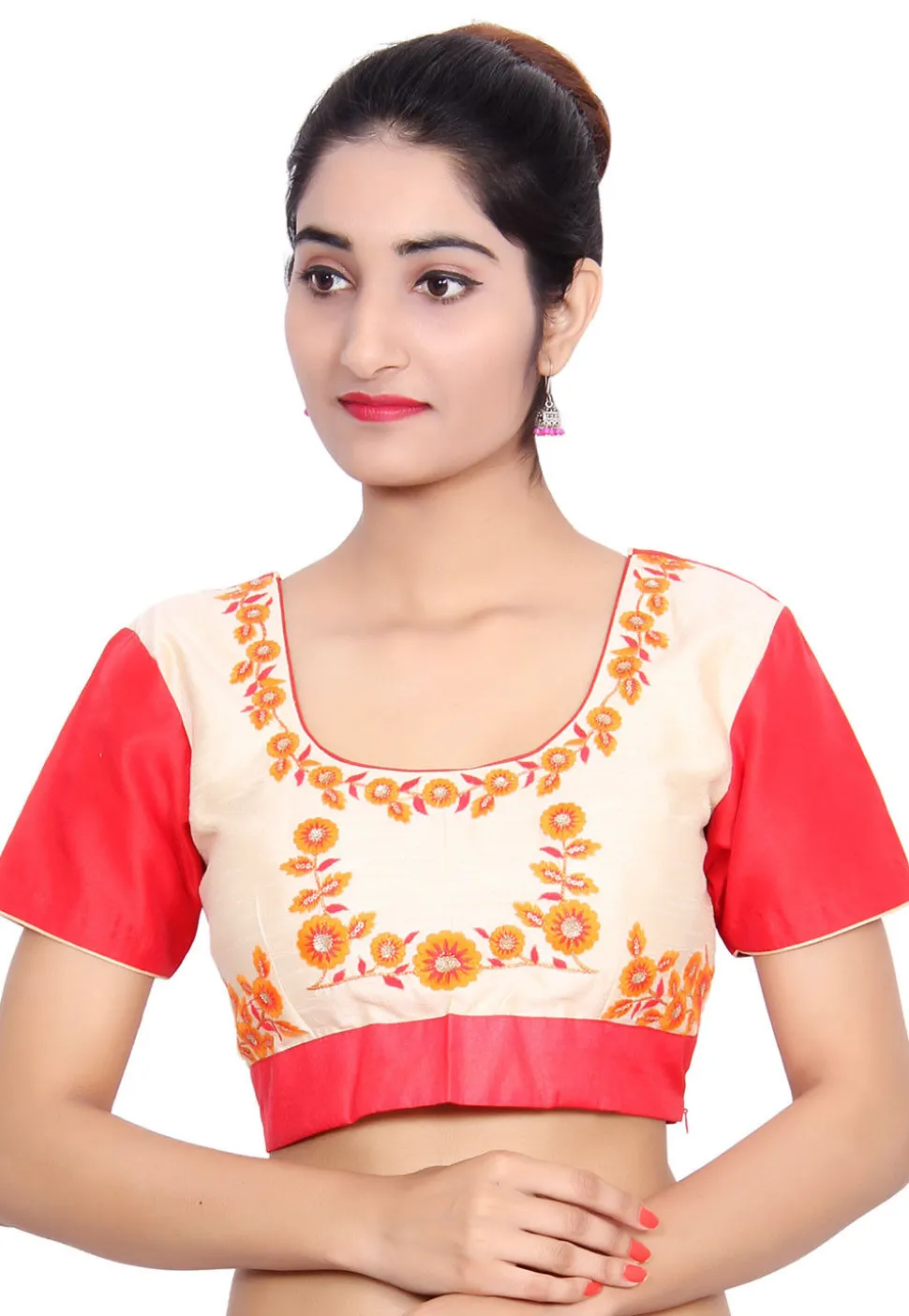 Embroidered Bhagalpuri Silk Padded Blouse in Off White and Red