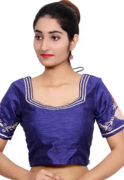 Embroidered Bhagalpuri Silk Padded Blouse in Navy Blue
