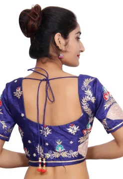 Embroidered Bhagalpuri Silk Padded Blouse in Navy Blue