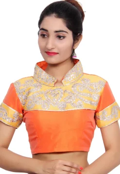 Embroidered Bhagalpuri Silk Padded Blouse in Orange and Yellow