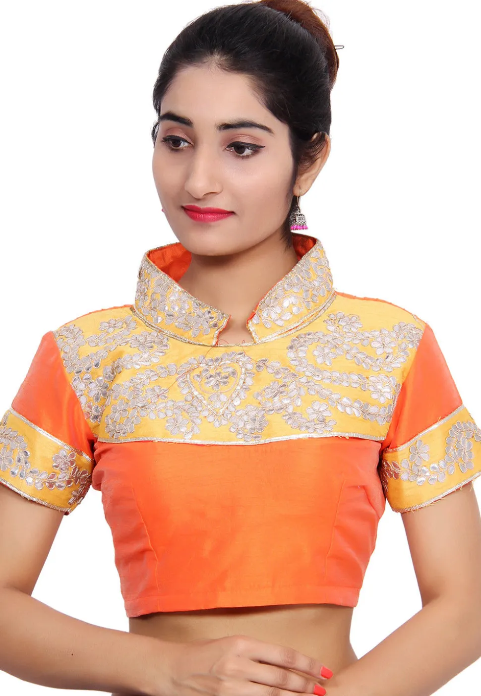 Embroidered Bhagalpuri Silk Padded Blouse in Orange and Yellow