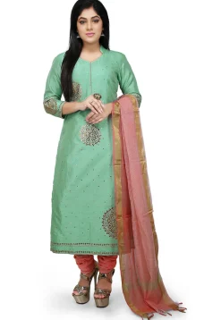 Embroidered Bhagalpuri Silk Straight Suit in Sea Green
