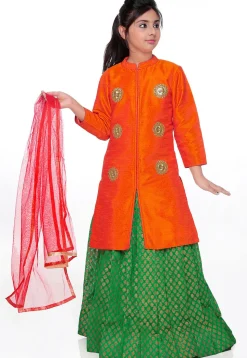 Embroidered Bhagalpuri Silk Lehenga in Orange and Green