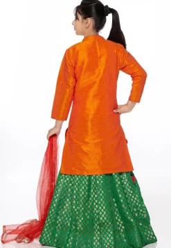 Embroidered Bhagalpuri Silk Lehenga in Orange and Green
