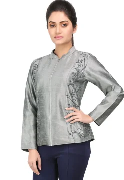Embroidered Bhagalpuri Silk Jacket in Grey
