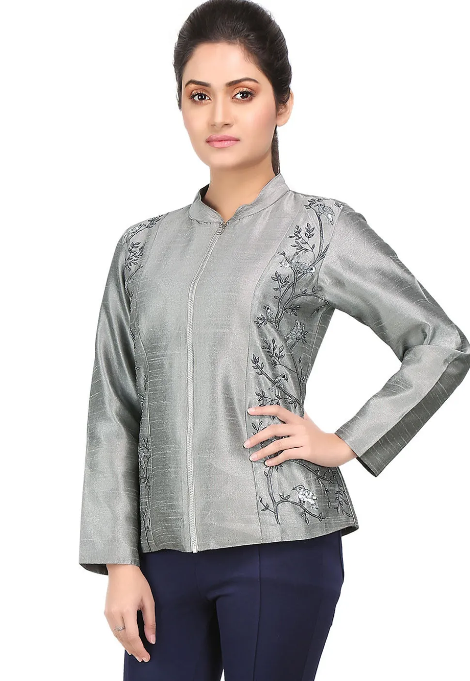 Embroidered Bhagalpuri Silk Jacket in Grey