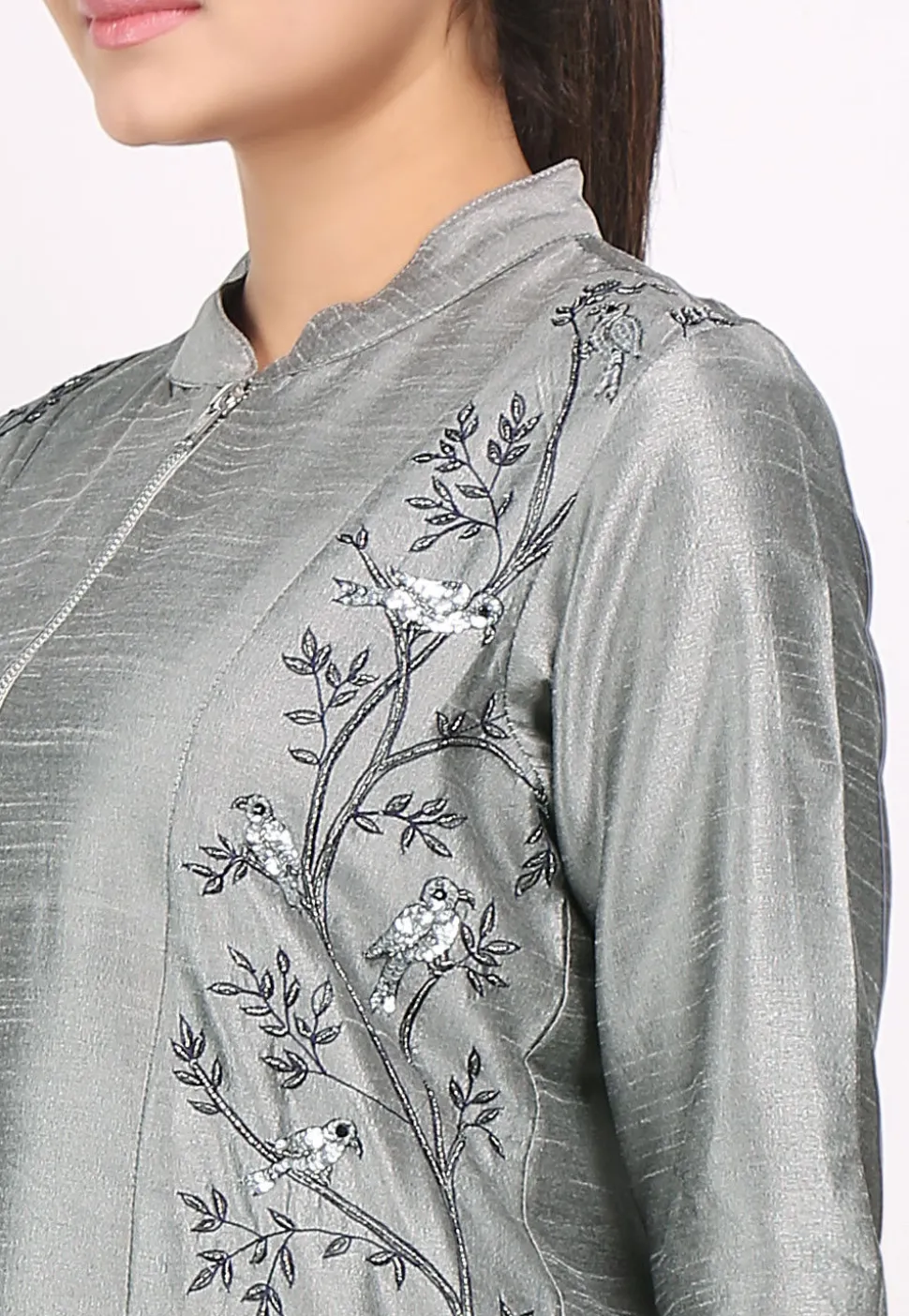 Embroidered Bhagalpuri Silk Jacket in Grey