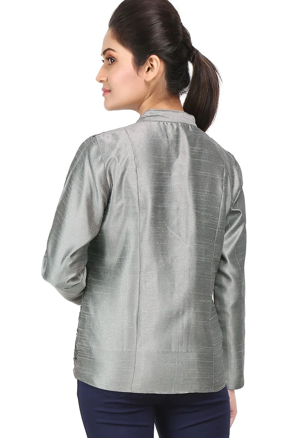 Embroidered Bhagalpuri Silk Jacket in Grey