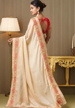 Embroidered Border Art Silk Saree in Beige