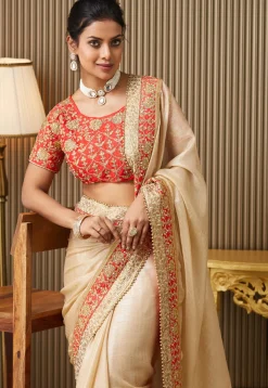 Embroidered Border Art Silk Saree in Beige