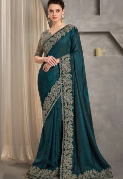 Embroidered Border Art Silk Saree in Teal Green