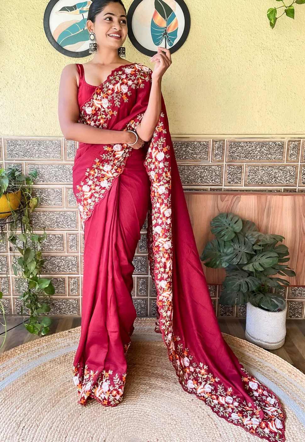 Embroidered Border Art Silk Scalloped Saree in Maroon