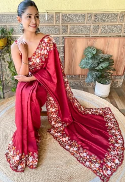 Embroidered Border Art Silk Scalloped Saree in Maroon