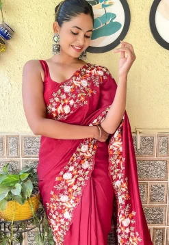 Embroidered Border Art Silk Scalloped Saree in Maroon