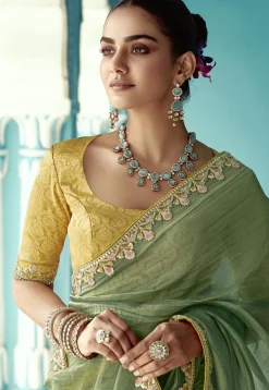 Embroidered Border Art Silk Saree in Light Green