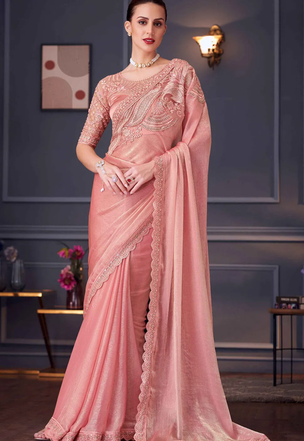 Embroidered Border Art Silk Scalloped Saree in Peach