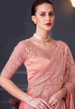 Embroidered Border Art Silk Scalloped Saree in Peach