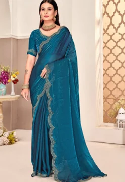 Embroidered Border Art Silk Saree in Teal Blue