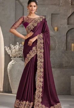 Embroidered Border Art Silk Saree in Wine