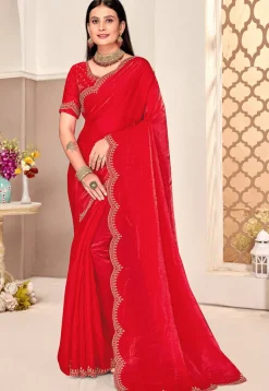 Embroidered Border Art Silk Saree in Red