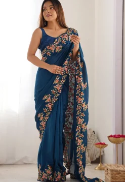 Embroidered Border Art Silk Saree in Teal Blue
