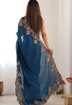 Embroidered Border Art Silk Saree in Teal Blue