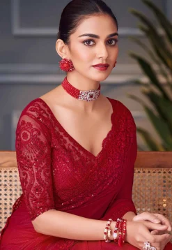 Embroidered Border Art Silk Saree in Red
