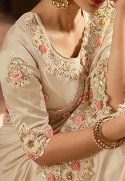 Embroidered Border Art Silk Saree in Light Beige