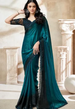 Embroidered Border Art Silk Saree in Teal Blue