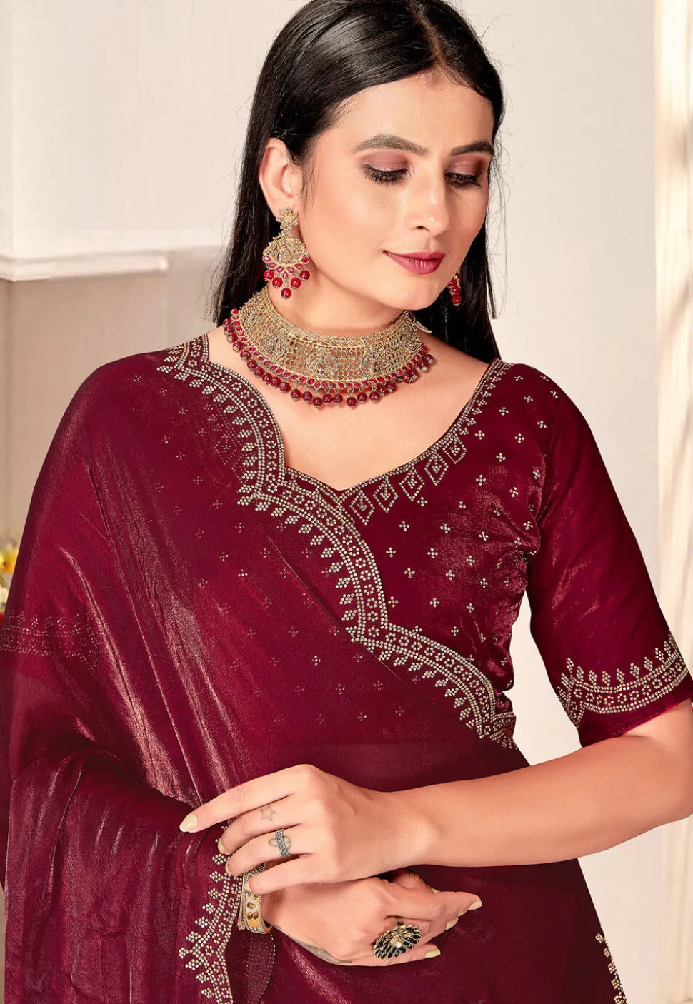 Embroidered Border Art Silk Saree in Maroon
