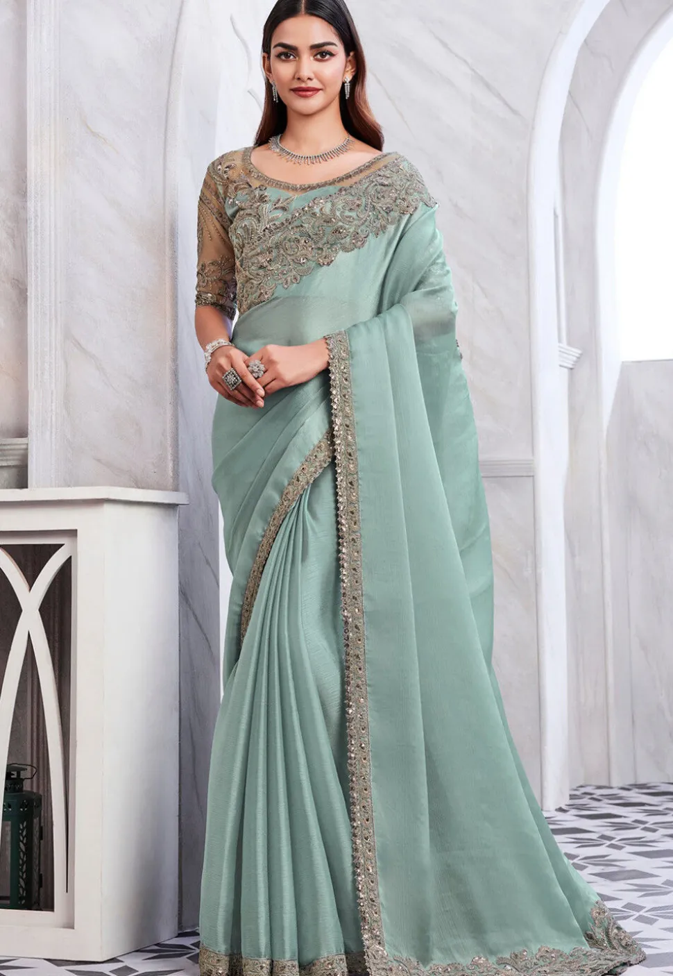 Embroidered Border Chiffon Shimmer Saree in Sea Green