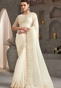 Embroidered Border Chiffon Scalloped Saree in Off White