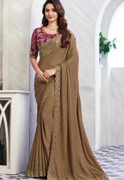 Embroidered Border Chiffon Shimmer Scalloped Saree in Brown