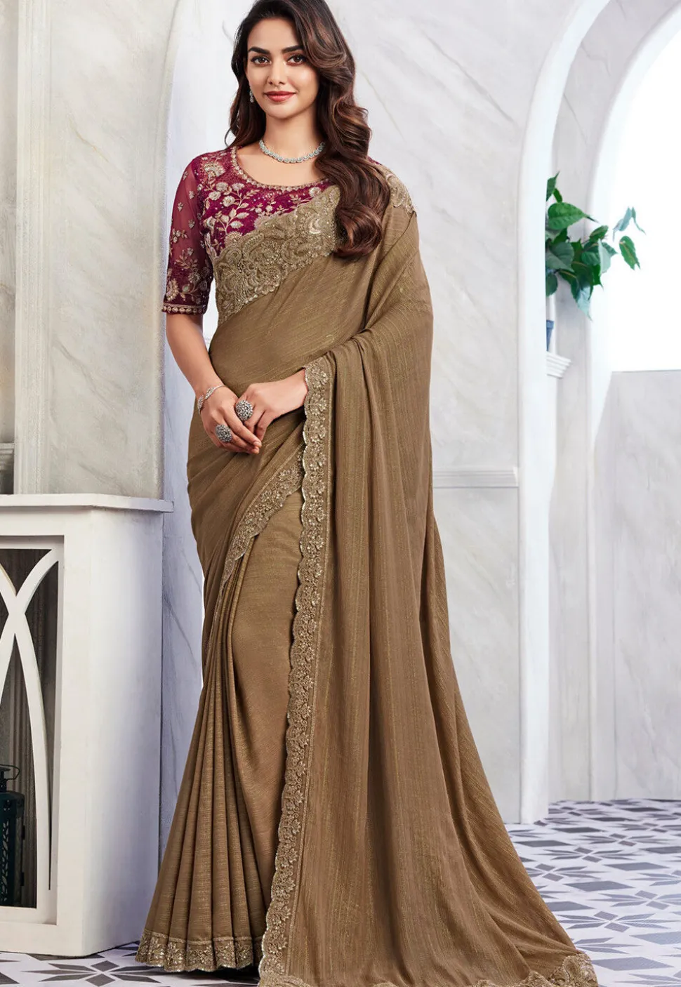 Embroidered Border Chiffon Shimmer Scalloped Saree in Brown