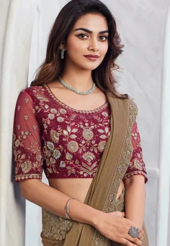 Embroidered Border Chiffon Shimmer Scalloped Saree in Brown
